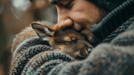 Obraz premium Gentle Embrace: A Young Man Sharing a Moment of Love with a Young Deer in the Wilderness