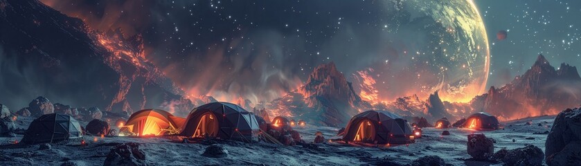 On a distant asteroid, a spacefaring nomadic tribe roams under the glow of a shimmering nebula Show their colorful tent village with intricate details of alien artifacts and technologies  - obrazy, fototapety, plakaty