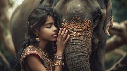 Tender Moment of Connection: A Girl and Elephant in Lush Greenery