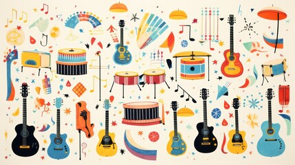Illustrative design of several musical instruments, with a clean white background and colorful spot motifs.