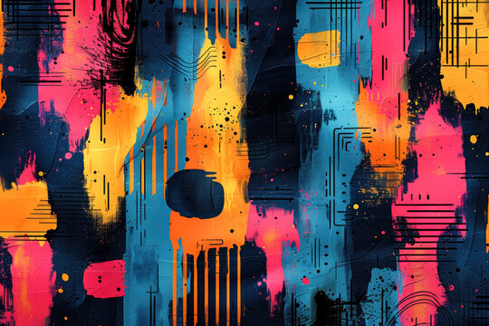 An abstract background illustration of maximalism in the Cluttercore trend with rich colors and bold design strokes. With Generative AI technology.