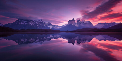 Vibrant Sunset over Mountains Reflected in Still Lake - obrazy, fototapety, plakaty