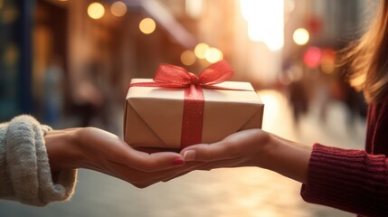 Giving a gift box decorated with ribbon to someone on a big day or birthday with a special gift.