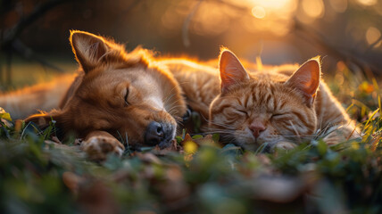 Dog and cat sleeping chilling relaxing together on fresh green spring or summer meadow,generative ai