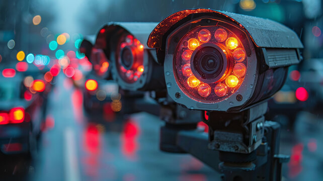 Speed camera monitoring busy traffic road. The cameras speed control on the road .generative ai