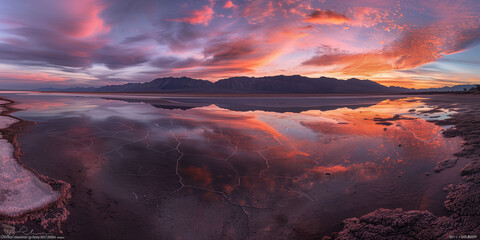 Fototapeta premium Vibrant Sunrise Over Salt Flats and Mountain Range