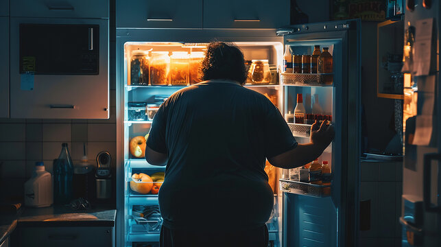 
pessoa obesa abrindo a porta da geladeira de madrugada