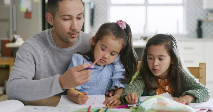 Home school, dad and children drawing, education or teaching kids homework in kitchen with family together. Art, creative girls learning and father support, study color or parent help for development