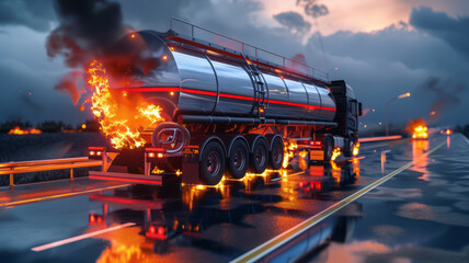 Fire of a tanker truck with toxic materials on the highway. Fire and environmental disaster.generative ai - obrazy, fototapety, plakaty