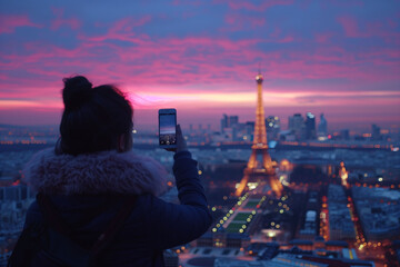 Fototapeta na wymiar Tourist Capturing Eiffel Tower at Twilight