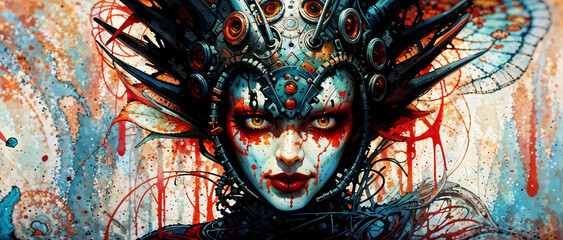 Female cyborg assassin with sinister evil stare and bloody red lips - cybernetic augmentation headgear implants - sci-fi cyberpunk future fantasy portrait. - obrazy, fototapety, plakaty