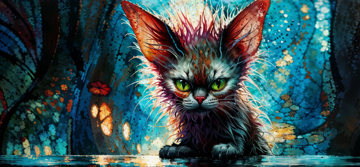 Scruffy cyberpunk city cat with sinister eyes and dirty color dyed fur, fierce and repelling bad temper stare - vibrant digital painting like feline portrait. 