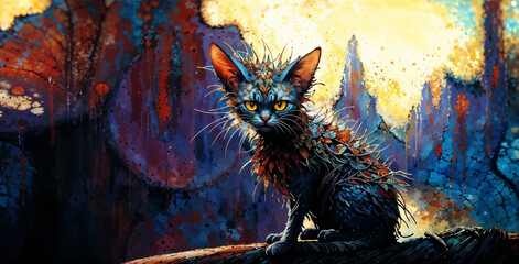 Scruffy cyberpunk city cat with sinister eyes and dirty color dyed fur, fierce and repelling bad temper stare - vibrant digital painting like feline portrait. 