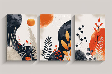 A series of vector wall art posters on a botanical theme. Hand drawn set of foliage lines and geometric shapes