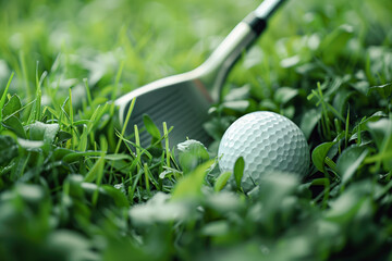 Golf ball and club seen up close amidst the grass