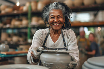 Radiant Senior Woman Shaping Clay in Pottery Workshop