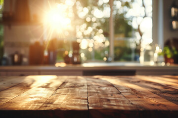 Sunlit wooden table in kitchen
