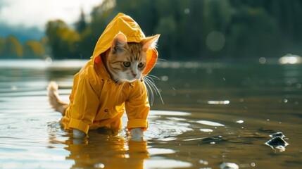 Curious ginger cat in a raincoat exploring shallow waters. Cute and quirky animal concept for children's books and pet lifestyle content - obrazy, fototapety, plakaty