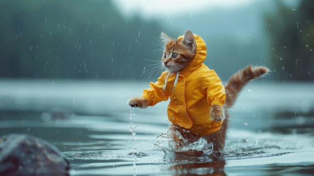 Ginger kitten in a raincoat playing in the rain by the lake. Charming pet adventure concept for veterinary services and weatherproof pet gear promotions