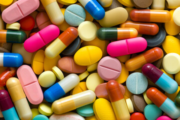 Colorful medication pills on yellow