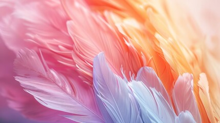 Close-up of colorful feathers in soft pastel tones. Texture and pattern concept for background, design elements, or textile design