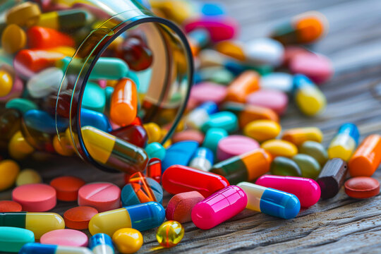 Spilled pills from a bottle on wood