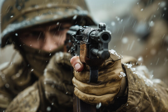 Soldier in combat readiness in snow