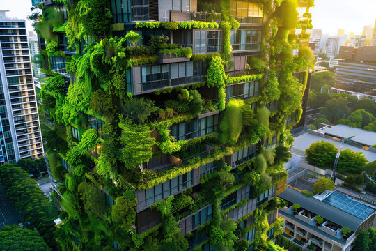 Urban Green Building Covered in Lush Vegetation at Sunset