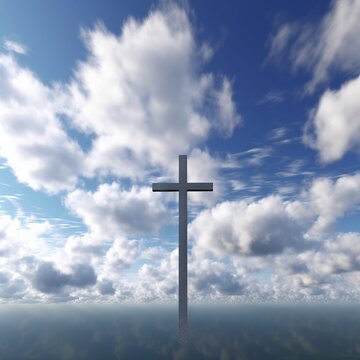 A cross surrounded by shining rays of light on a blue sky.
Concept: religious and spiritual publications, thematic posters, book covers, holiday cards and banners