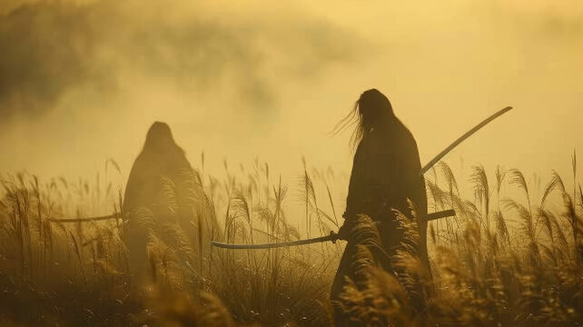 samurai in a field facing off each other in a distance, about to fight with one sword each, fighting pose and stance.generative ai
