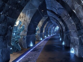 A hi-tech catacomb with glowing crystals embedded in the walls and ceiling 3D render