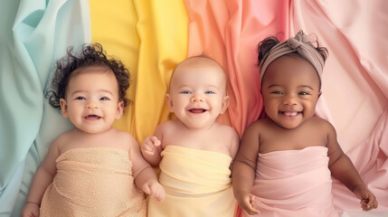 Cheerful babies of different ethnicities in diversity photo shoot on soft color background.