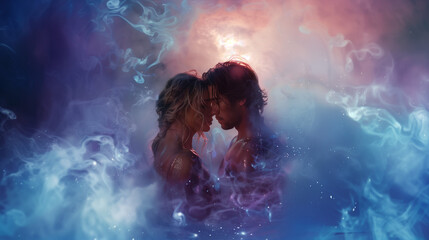 Couple embracing intimately amid glowing waves. Erotic dreams - obrazy, fototapety, plakaty