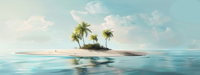 Small tropical sandy island surrounded by the blue waters of the ocean. A beautiful bright blue summer sunny sky. Creative concept of summer. 3d render illustration imitation.