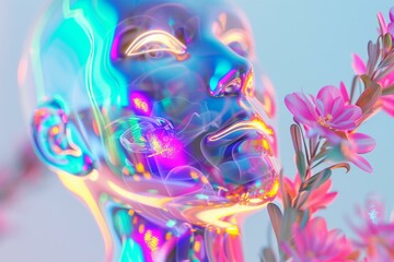 transparent humanoid robot with flowers glitter and lights inside him, pastel background