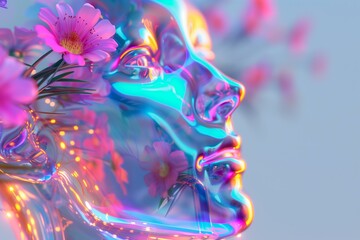transparent humanoid robot with flowers glitter and lights inside him, pastel background