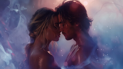 Couple embracing intimately amid glowing waves. Erotic dreams