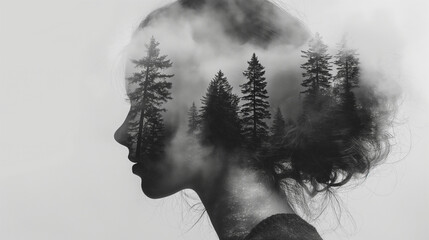 Double exposure of a woman's head with forest landscape in the background - obrazy, fototapety, plakaty