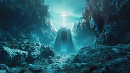 An abstract interpretation of the empty tomb and the risen Christ cold contrasting colors - obrazy, fototapety, plakaty
