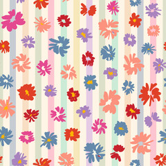 Cute little flowers with transparent lines seamless repeat pattern on white background. Random placed, vector striped botany aop, all over print.
