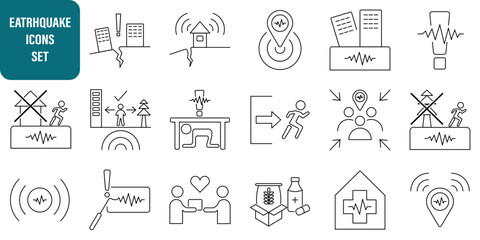 A COLLECTION OF ICONS ABOUT EARTHQUAKES, CONTENTS INCLUDING EARTHQUAKE POINTS, HOW TO SURVIVE, CONCERN ABOUT EARTHQUAKES, AND MANY MORE