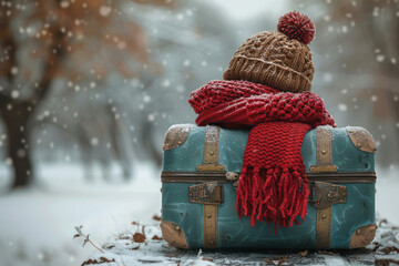 A suitcase on a snowy picturesque landscape is an opportunity to enjoy the unique nature.