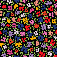 Cute retro flowers with leaves seamless repeat pattern on black background. Random placed, vector botany aop, all over surface print.
