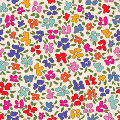 Cute retro flowers with leaves seamless repeat pattern on white background. Random placed, vector botany aop, all over surface print.