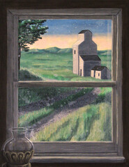 View of a prairie grain elevator through the window of an old farm house.