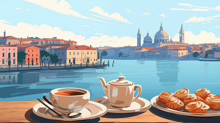 Illustration en flat design d'un paysage de Venise, Italie. Vue sur les canaux de la ville et la basilique San Marco. Table avec pâtisseries et café. Pour conception et création graphique.