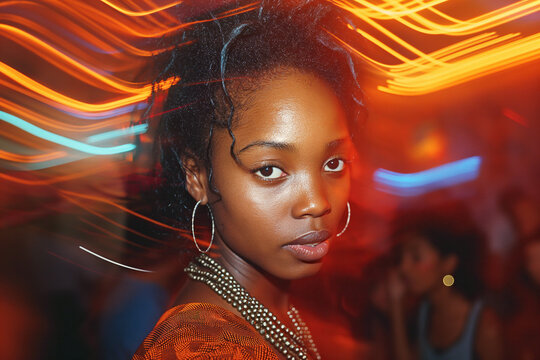Portrait of a black young girl dancing on the dance floor in a nightclub. Vintage retro color film photo