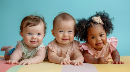 Cheerful babies of different ethnicities in diversity photo shoot on soft color background.