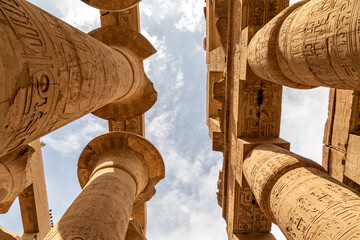 Looking up At the Capitals on Columns in the Hypostyle Hall at The Temple of Karnak in Luxor, Egypt - 765933701