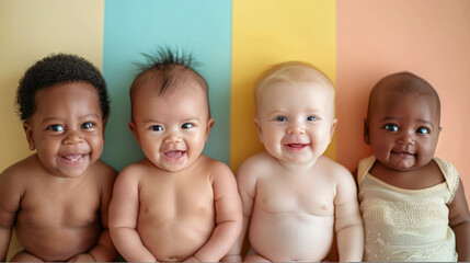 Cheerful babies of different ethnicities in diversity photo shoot on soft color background.